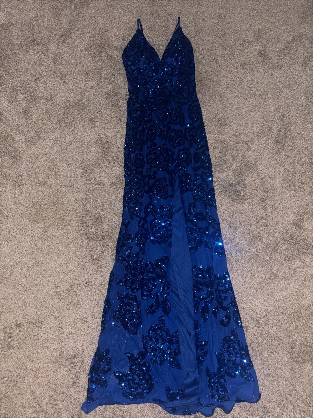 Von Maur Royal Blue prom dress with built-in bra, leg slit, and cross back - Picture 1 of 6